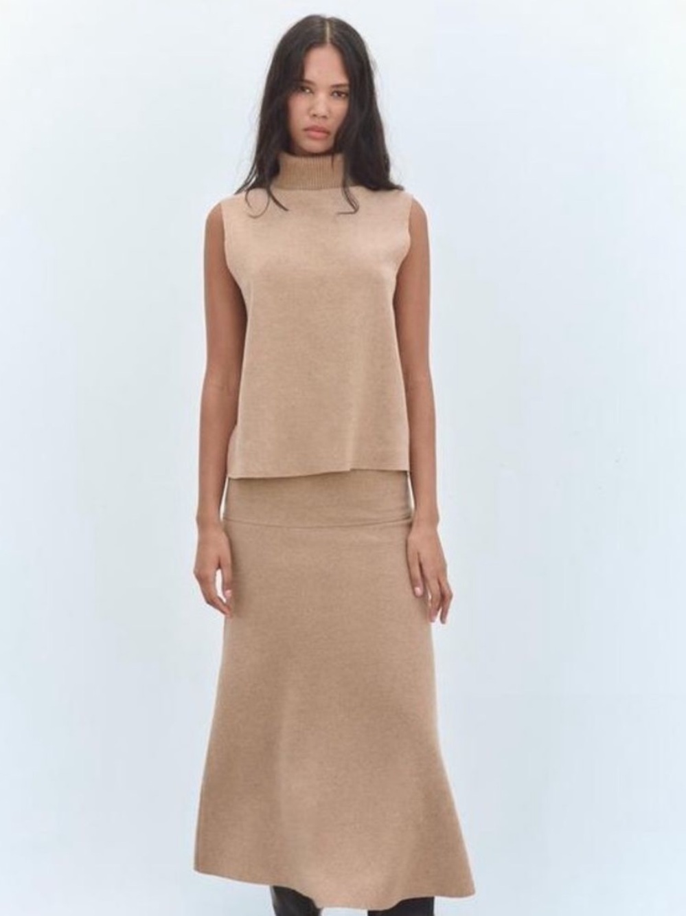 Zara Sleeveless Turtleneck Knit Top in Warm Camel